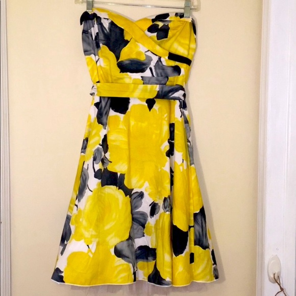 Vintage Ruby Rox Yellow, Gray Strapless Floral Dress-Jr Sz 9-Sweetheart Neckline